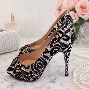Comme il Faut Buenos Aires Lace Peep Toe Pumps Black  Lace Women's Heels 6.5 -7